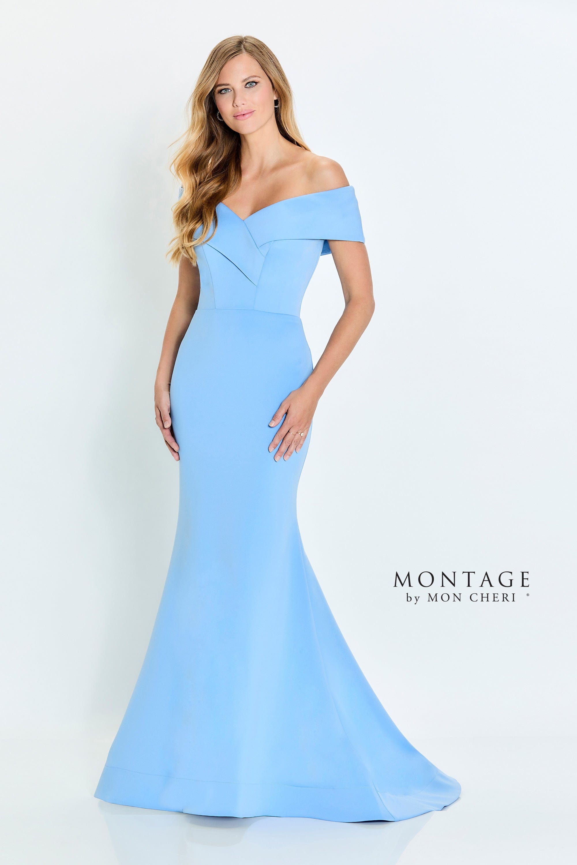 blue dress for baby girl Montage by Mon Cheri M3111 - Long Mikado, Lace Appliqué & Stone Accents Mermaid Dress main image 1