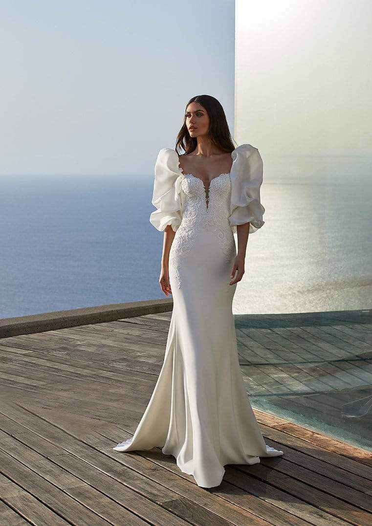 Clara white lace on sale bardot fishtail bridal dress