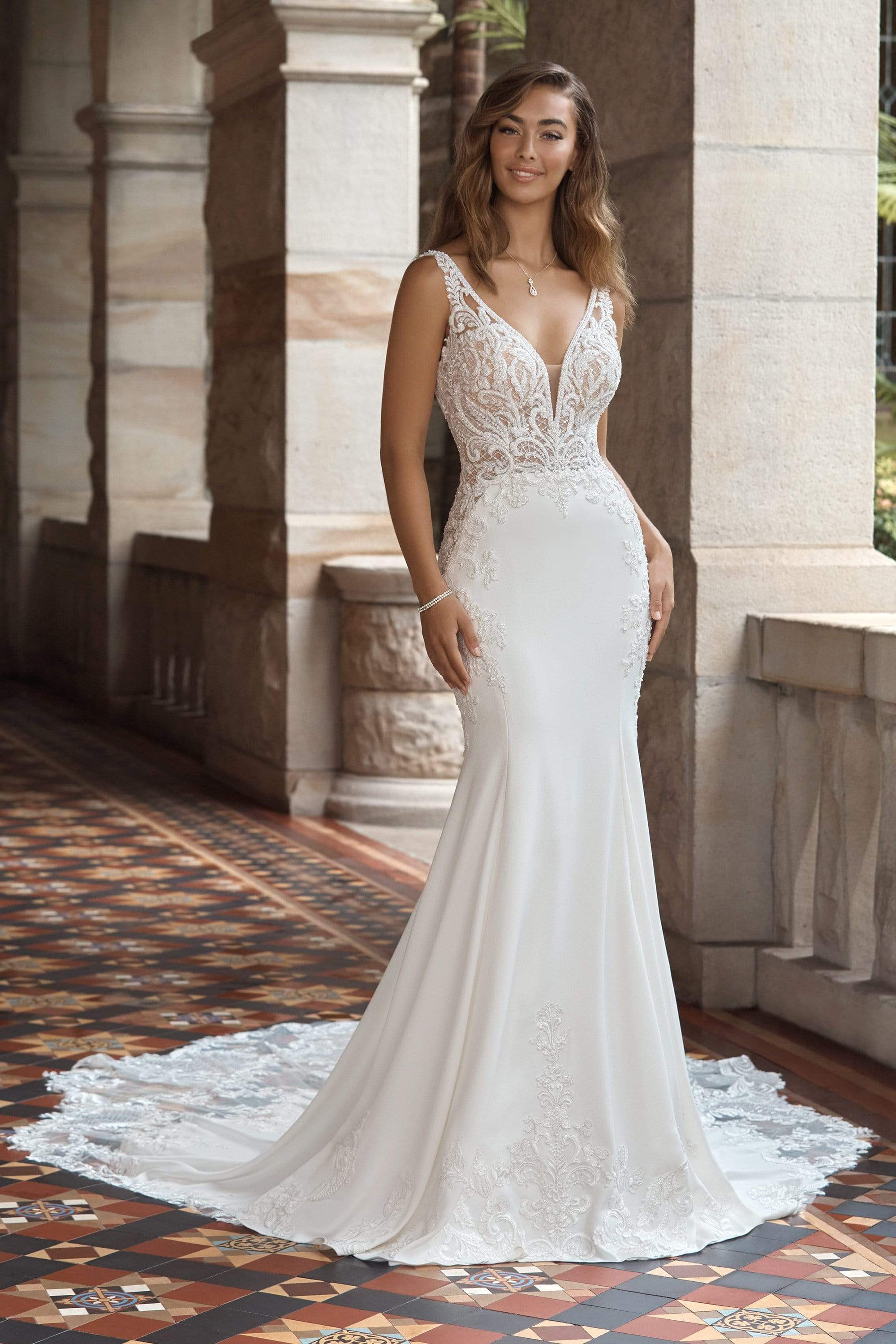 V neck fit cheap and flare wedding dress