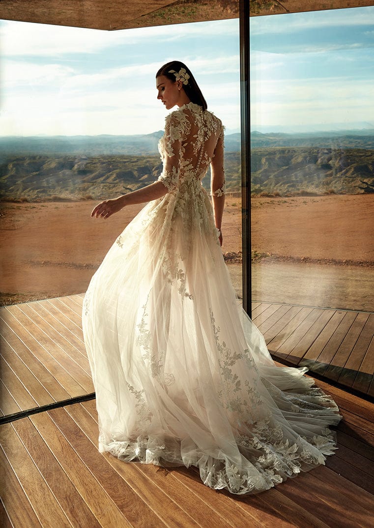 pronovias boho wedding dresses HYLLIS | Strapless A-line wedding dress with 3D floral appliqus