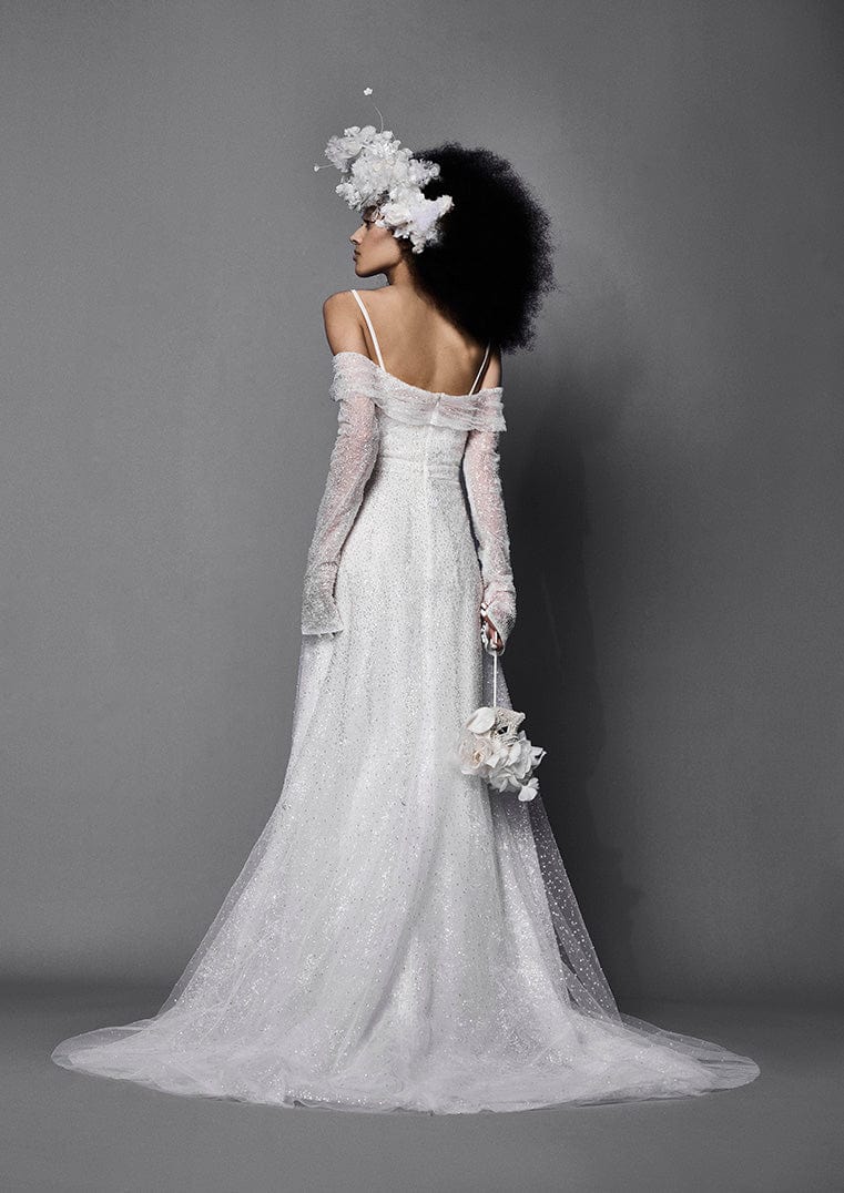long sleeve wedding dresses vera wang 90s Gold Label off Shoulder Sequin, Pearl, Lace & Tulle Ballgown Dress With Veil and Short Train/vera Wang/apl Never Worn Vera Wang White