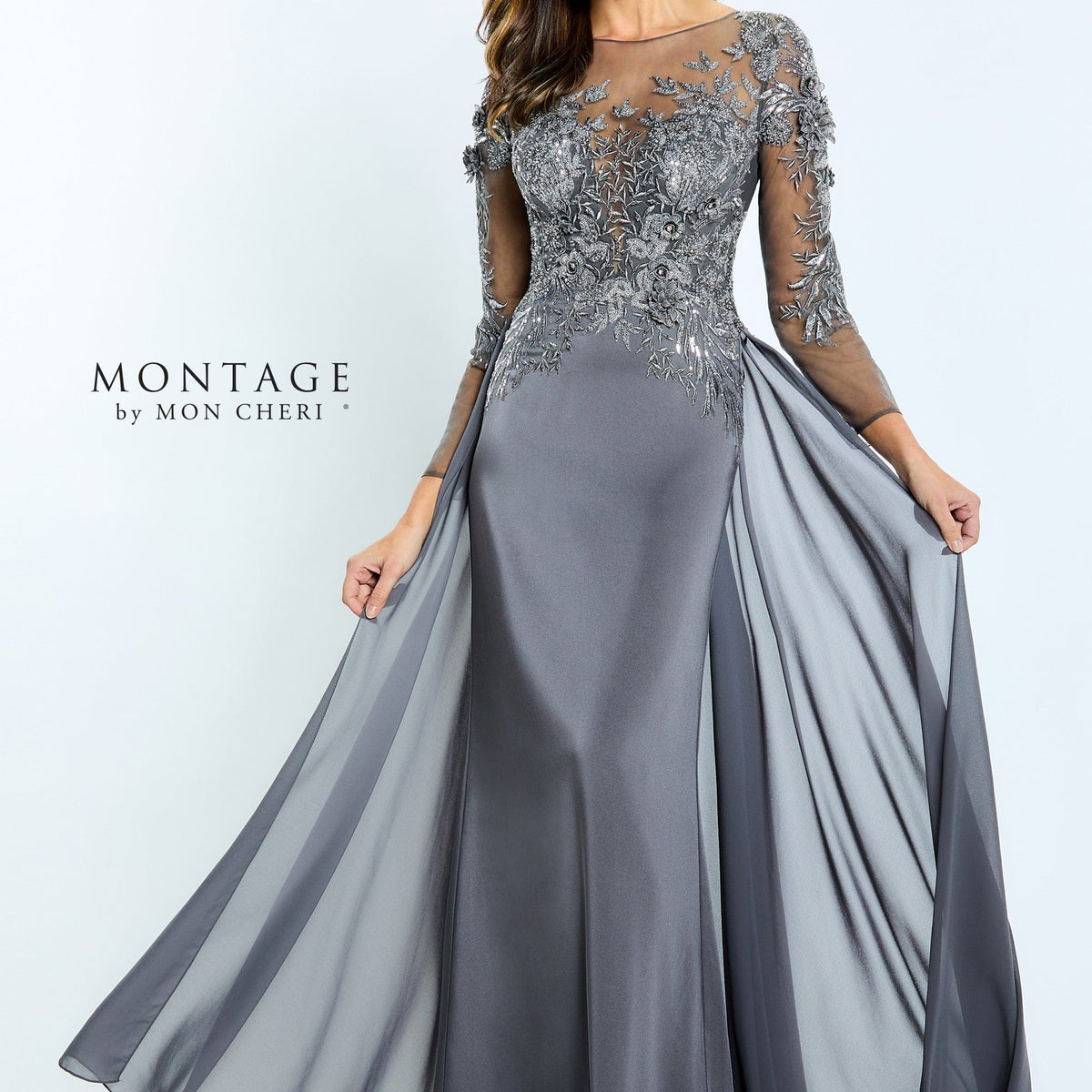 montage dresses Montage by Mon Cheri M3107 - Long Crepe & Stone Accents Sheath Dress main image 0