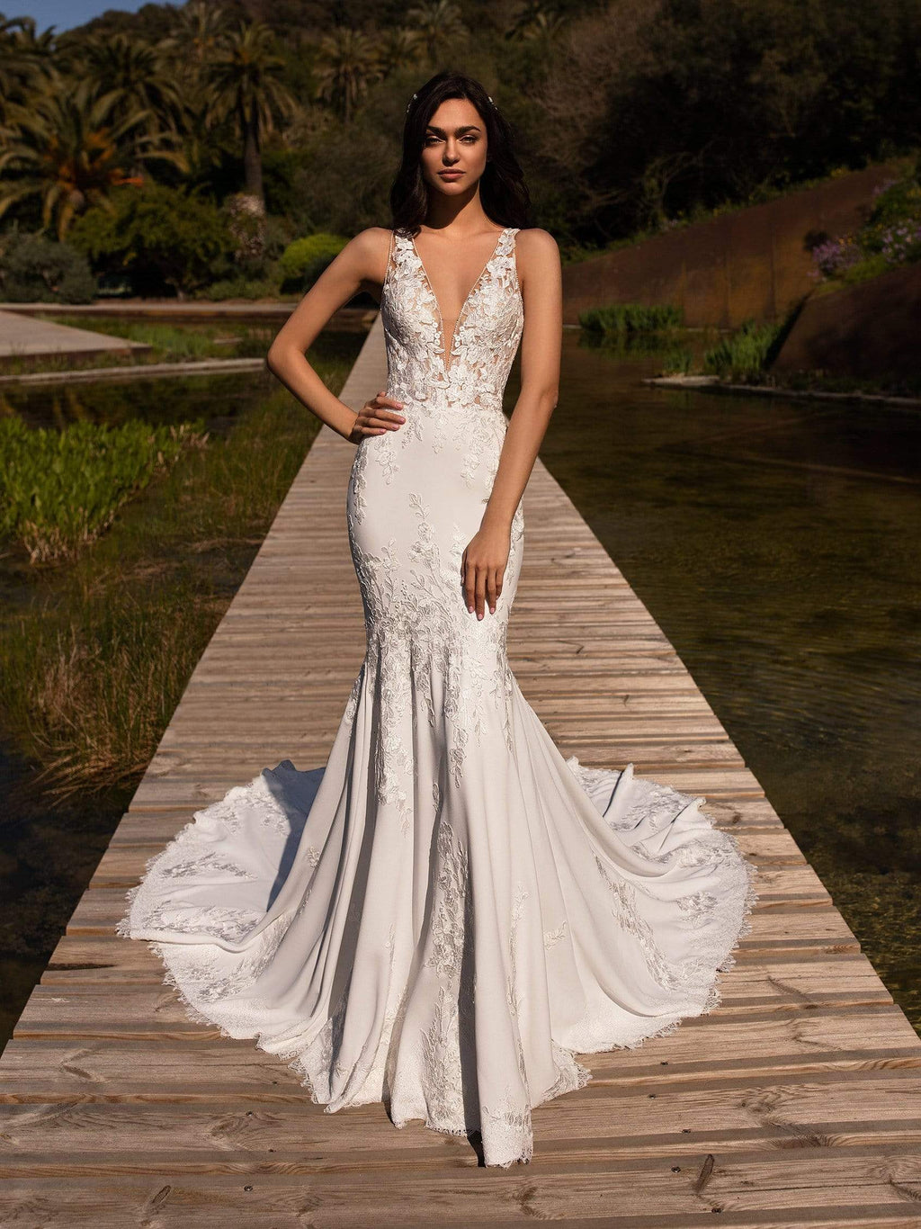FEME Wedding Dress by Pronovias Sleeveless mermaid wedding dress with off  the shoulder V-neck and low corset back (Available Online Only)